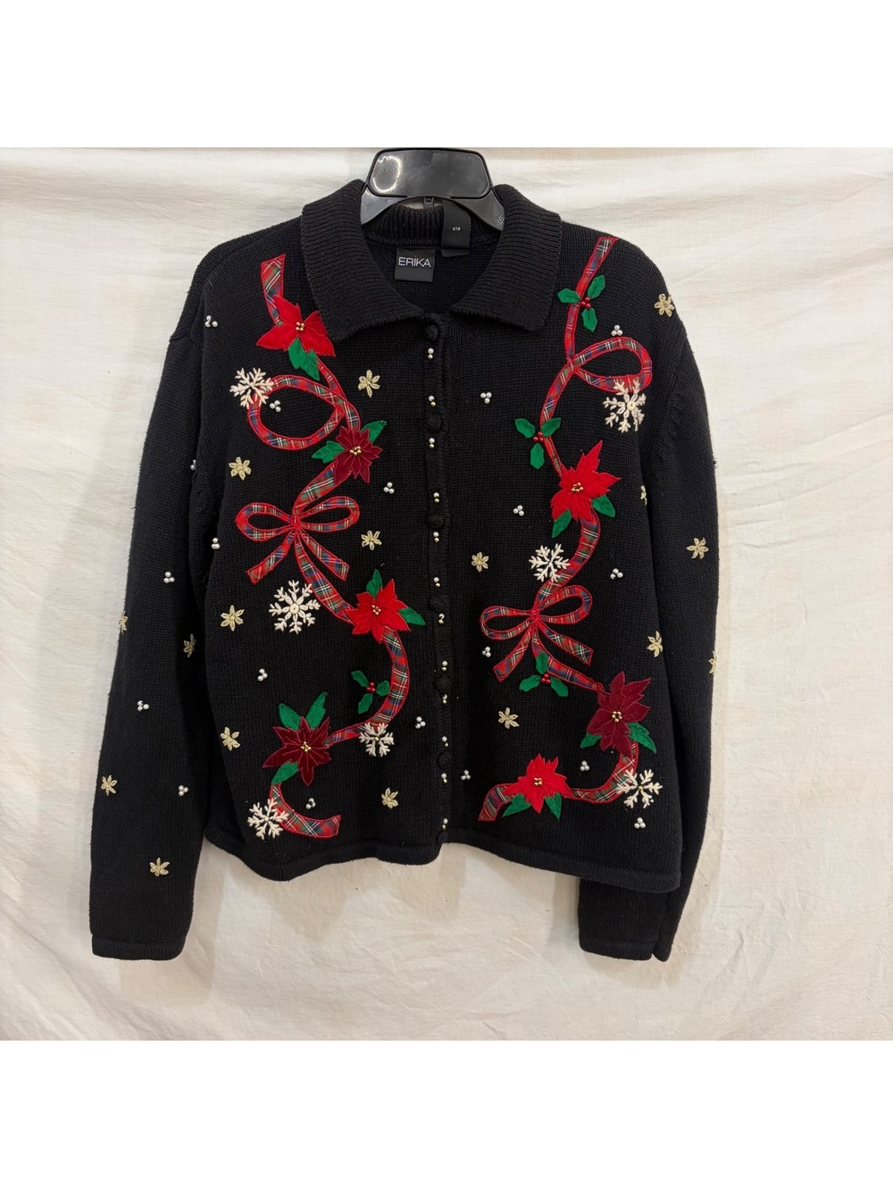 Poinsettia knit embroidered beaded Christmas holiday cardigan sz XL vintage 90s